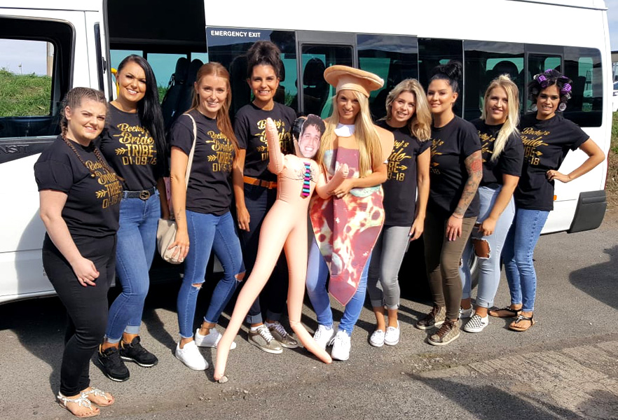 Hen do passengers ready to enjoy their trip on a 16 seater with Blackpool Minibuses